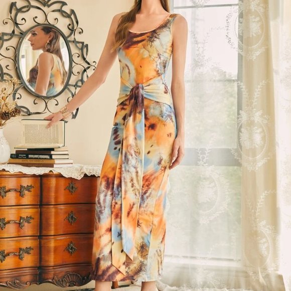 Tie Dye Knot Front Split Back Dress - Picture 8 of 9